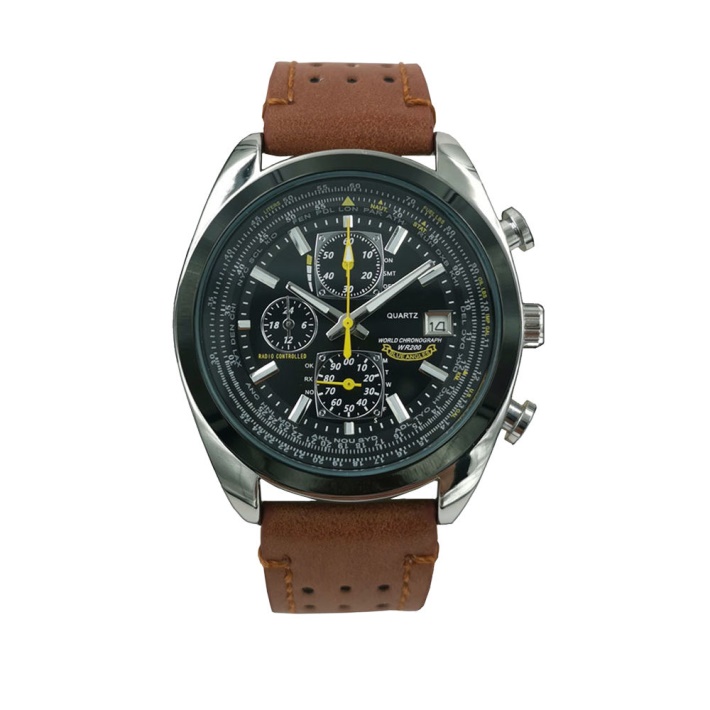 Classic Men's Chronograph Plated Stainless Steel Bracelet And Leather Strap Watch