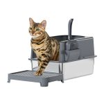 High-Sided Stainless Steel Cat Litter Box with Lid, Medium Box, Easy to Clean, Include Litter Mat & Scoop(19”LX14”WX6” H )