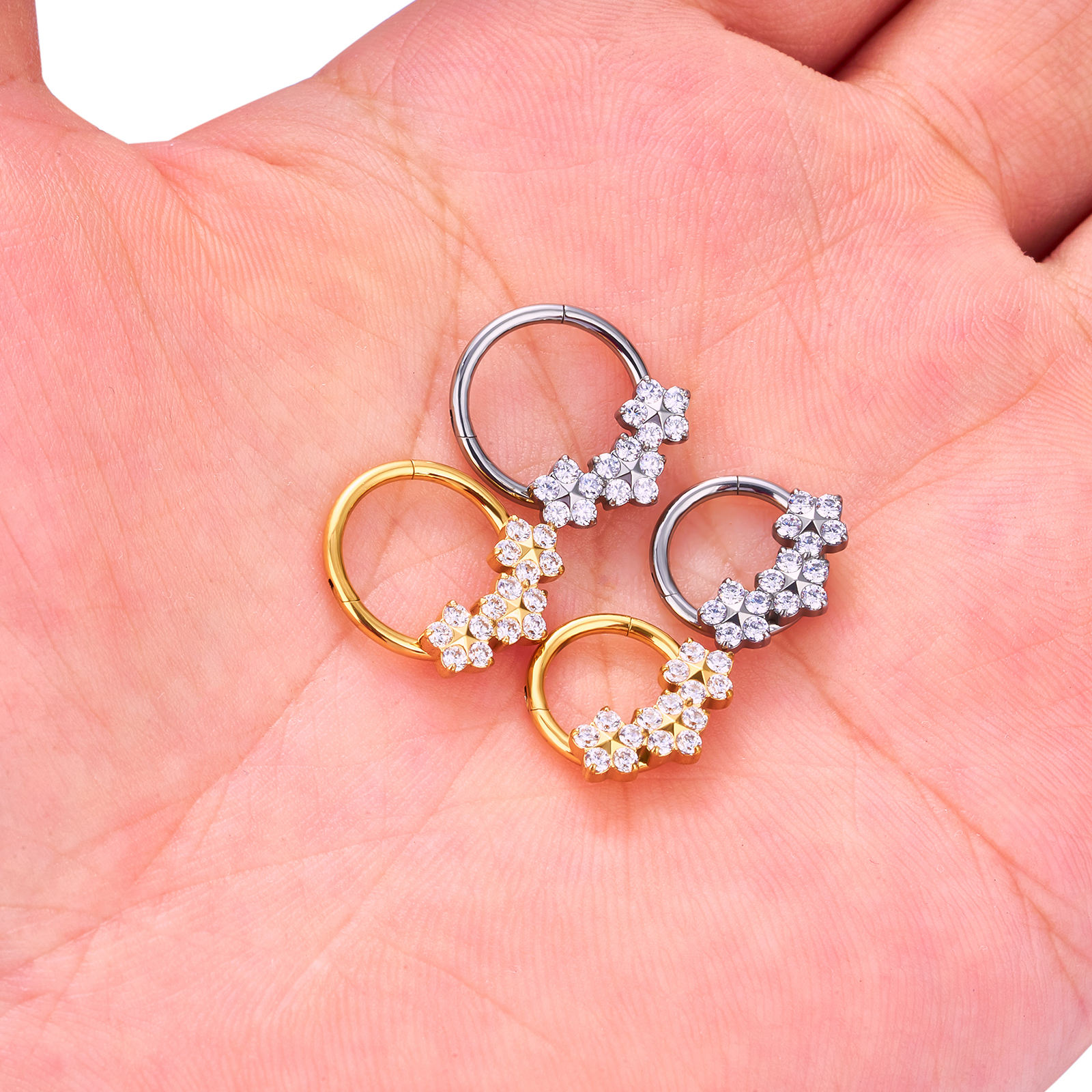 Titanium 3 CZ Flowers Segment Cliker Nose Septum Ring  Piercing Jewelry