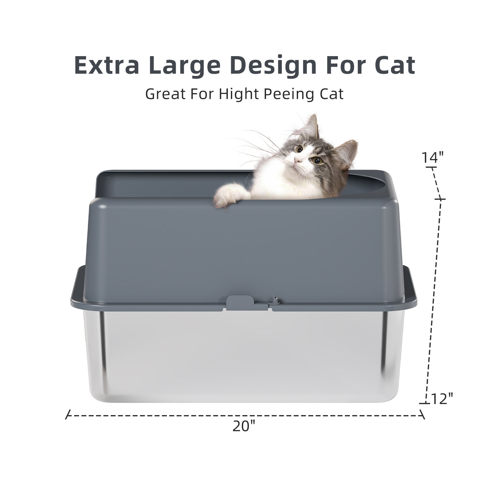 High-Sided Stainless Steel Cat Litter Box with Lid, Medium Box, Easy to Clean, Include Litter Mat & Scoop(19''LX14''WX6'' H )