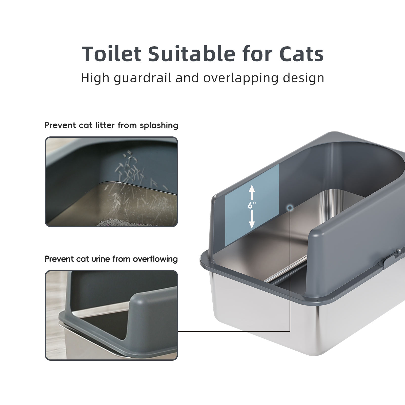 High-Sided Stainless Steel Cat Litter Box with Lid, Medium Box, Easy to Clean, Include Litter Mat & Scoop(19''LX14''WX6'' H )