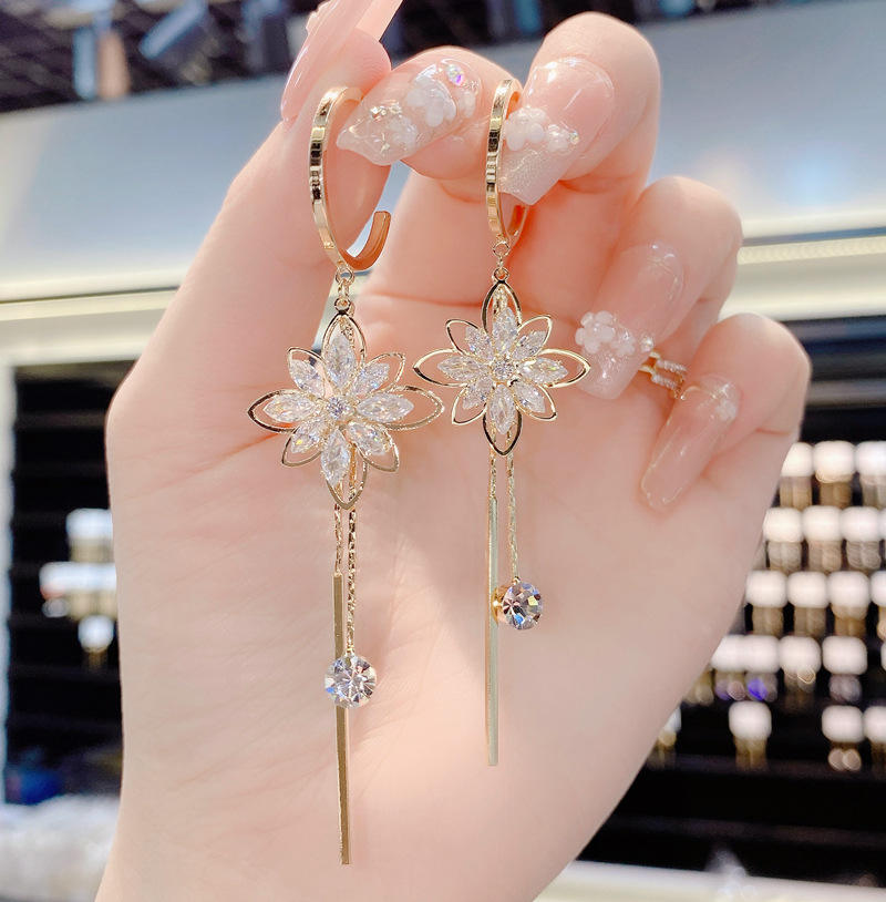 Zircon Earrings Womens Flower Tassel Earring S925 Silver Needle Pendant Earring Jewelry