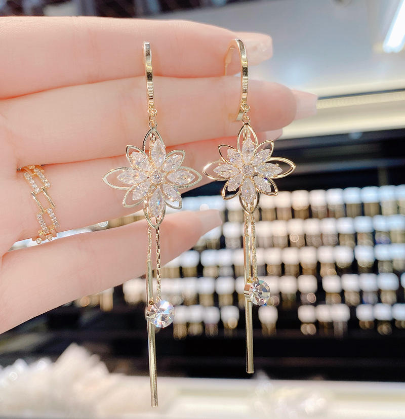 Zircon Earrings Womens Flower Tassel Earring S925 Silver Needle Pendant Earring Jewelry