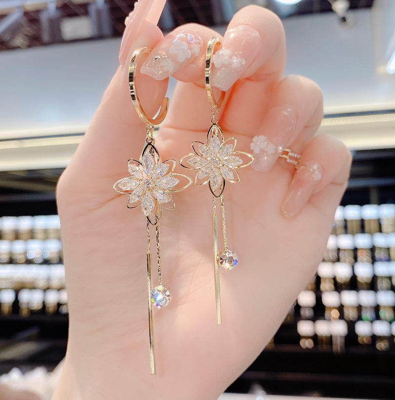 Zircon Earrings Womens Flower Tassel Earring S925 Silver Needle Pendant Earring Jewelry