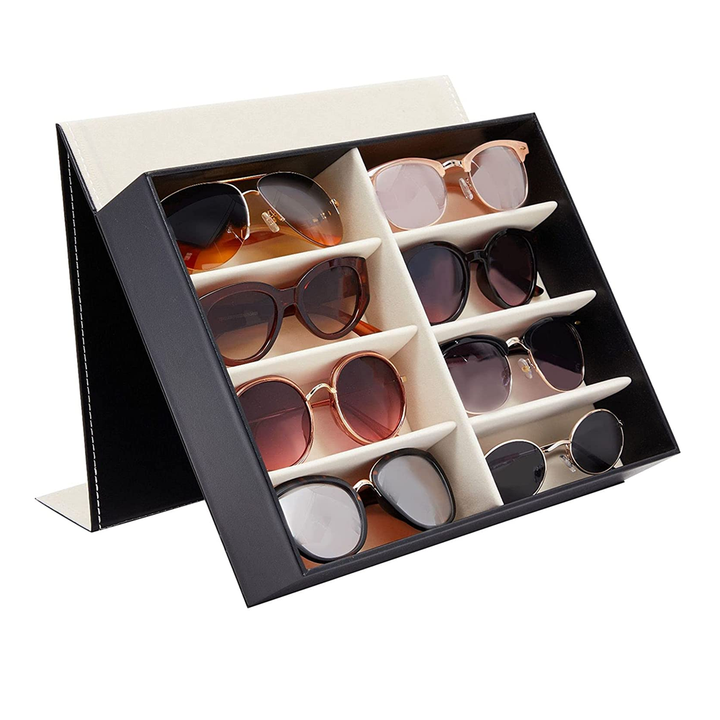 Glasses Storage Case 8 Slot PU Leather Sunglasses Case Organizer Eyewear Display Tray With Lid