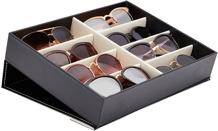 Glasses Storage Case 8 Slot PU Leather Sunglasses Case Organizer Eyewear Display Tray With Lid