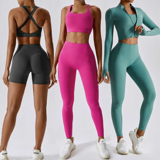 Custom Logo Free Match Fitness Clothing Butt Lift Leggings Full Zip Jacket Gym ActiveWear 4Piece Workout Yoga Suit Set For women