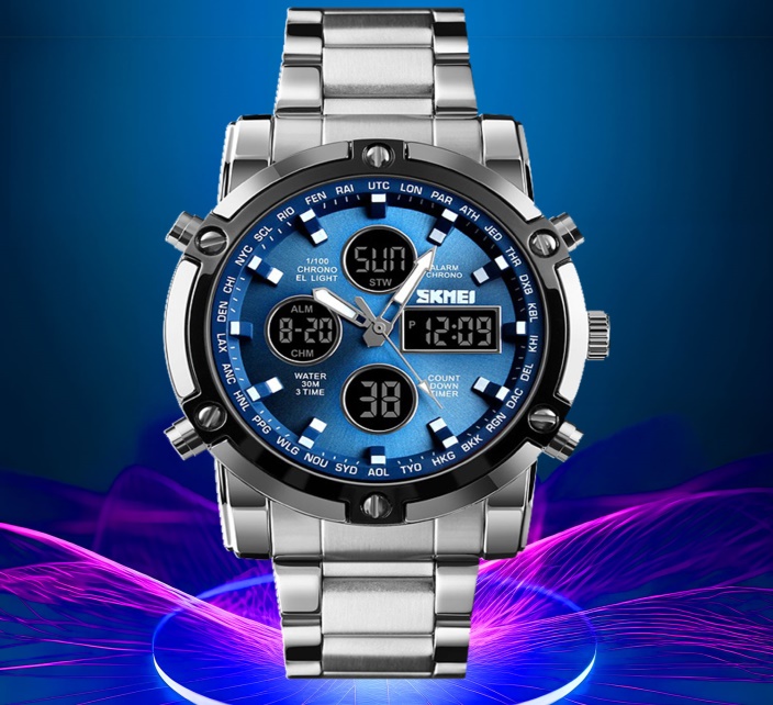 Mens Fashion Wristwatch 3 time analog digital quartz watch for men