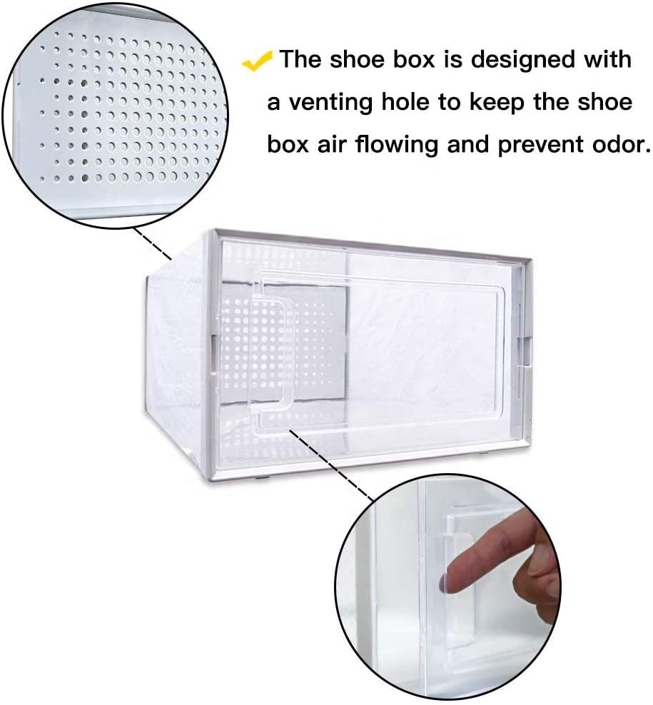 Foldable clear transparent hard plastic shoe storage box drop front plastic shoe organizer