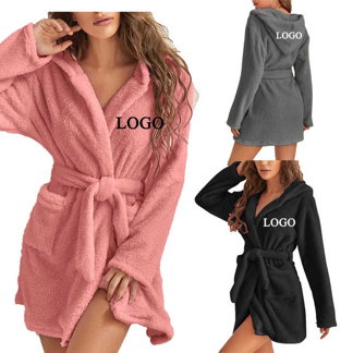 Winter Women Sleepwear Hooded Cozy Short Robe Coral Fleece Pajamas longue Plush Bath robes For Women