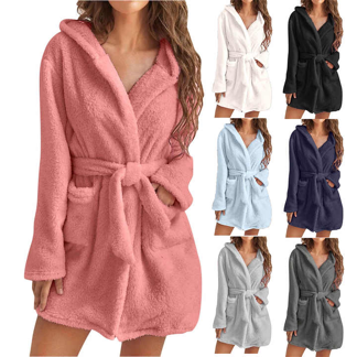 Winter Women Sleepwear Hooded Cozy Short Robe Coral Fleece Pajamas longue Plush Bath robes For Women