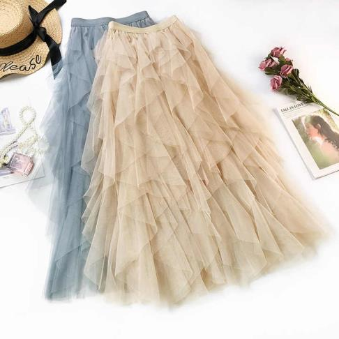 New Fashion Long Skirt Tulle Irregular Layer High Waist Mesh  Ruffles Womens Long Skirts