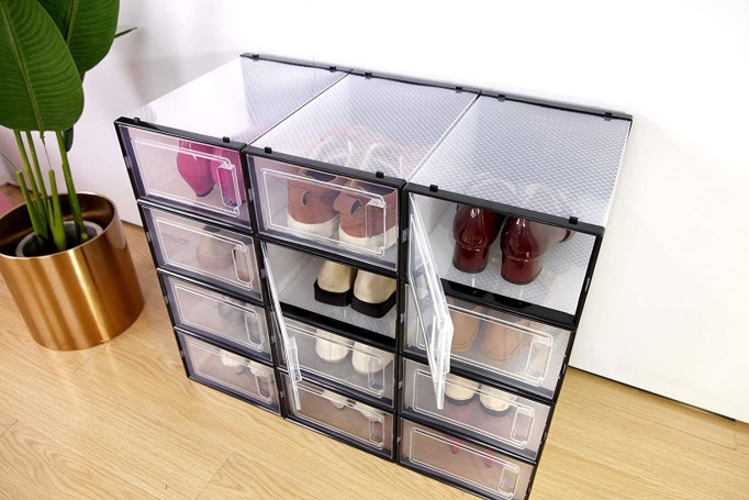 Foldable clear transparent hard plastic shoe storage box drop front plastic shoe organizer