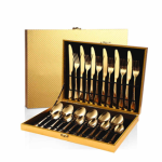 Metal 24pcs Gold Cutlery Set Stainless Steel Dinnerware Spoon Fork Knife with Wooden Box for Hotel