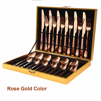 Metal 24pcs Gold Cutlery Set Stainless Steel Dinnerware Spoon Fork Knife with Wooden Box for Hotel