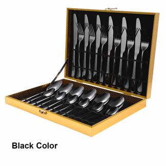 Metal 24pcs Gold Cutlery Set Stainless Steel Dinnerware Spoon Fork Knife with Wooden Box for Hotel