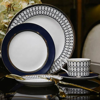 Home Ware Navy Blue Restaurant Ceramic Plates Dishwasher Available Porcelain Dinner Set