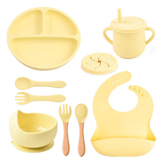 Food grade bpa free silicone baby feeding set with suction babi feed set Waterproof Bowls Forks for Dinnerware set