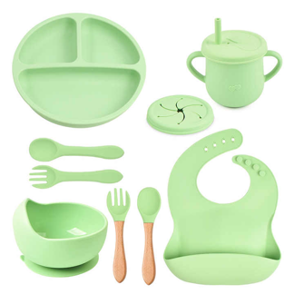 Food grade bpa free silicone baby feeding set with suction babi feed set Waterproof Bowls Forks for Dinnerware set