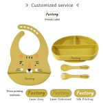 4PC Food Grade Baby Silicone Feeding Products Waterproof Bpa Free Divider Kids Feeding Plate Set With Silicone Spoon Fork