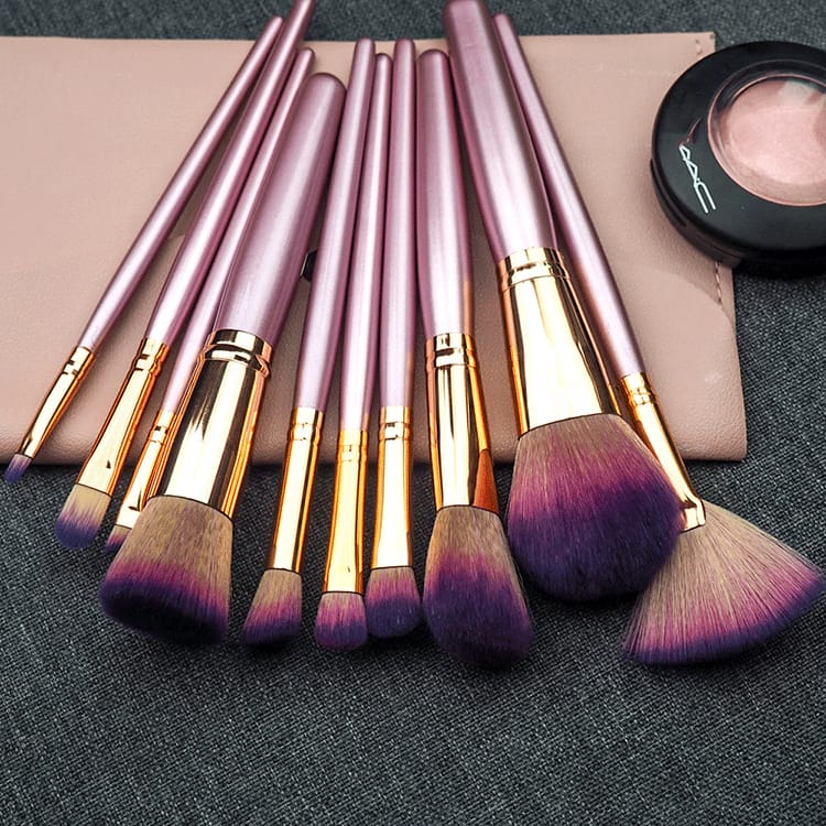 Face Powder Eye Cosmetics 10pcs Purple Makeup Brush Set with Bag