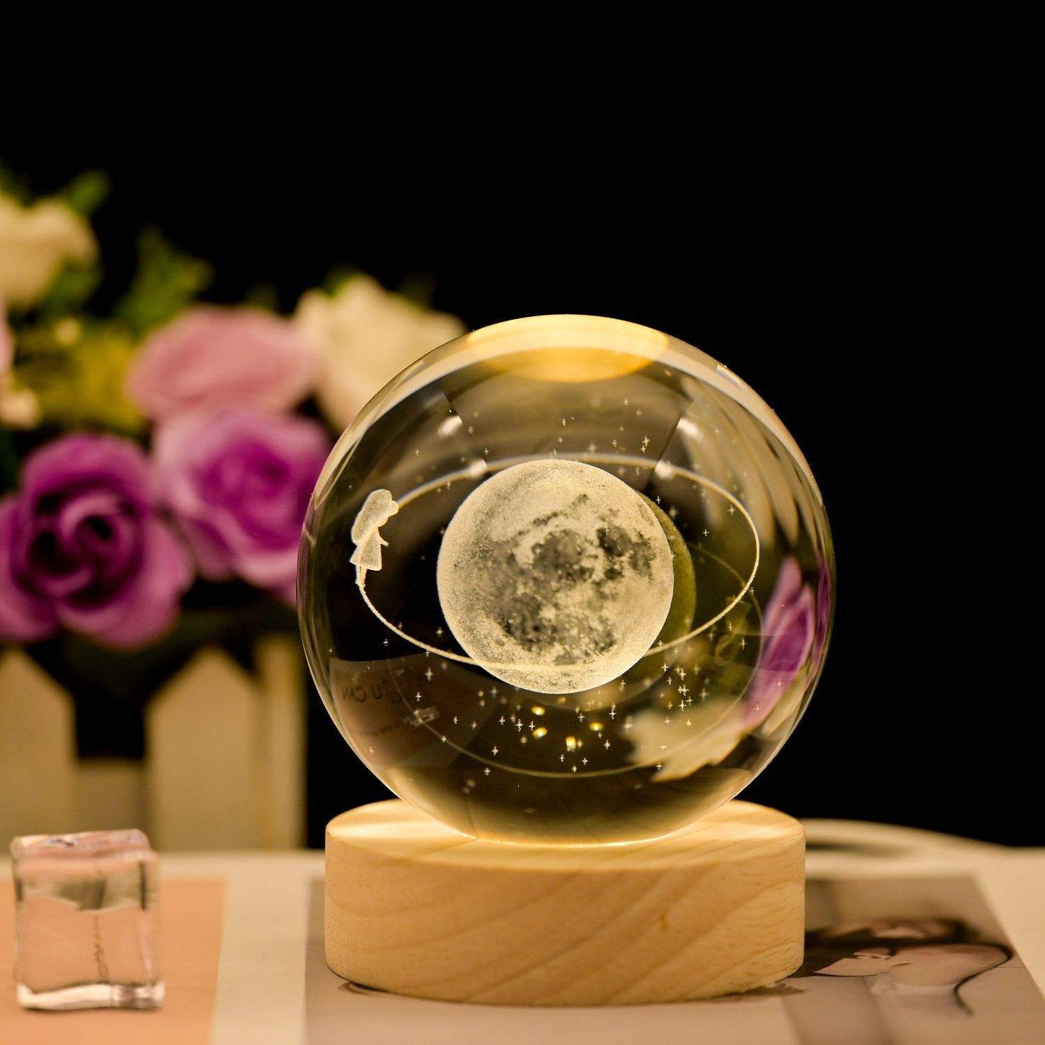 Birthday Gifts for Girls: 3D Art Crystal Ball Glass with LED Night Lamp, USB Cable, and Switch