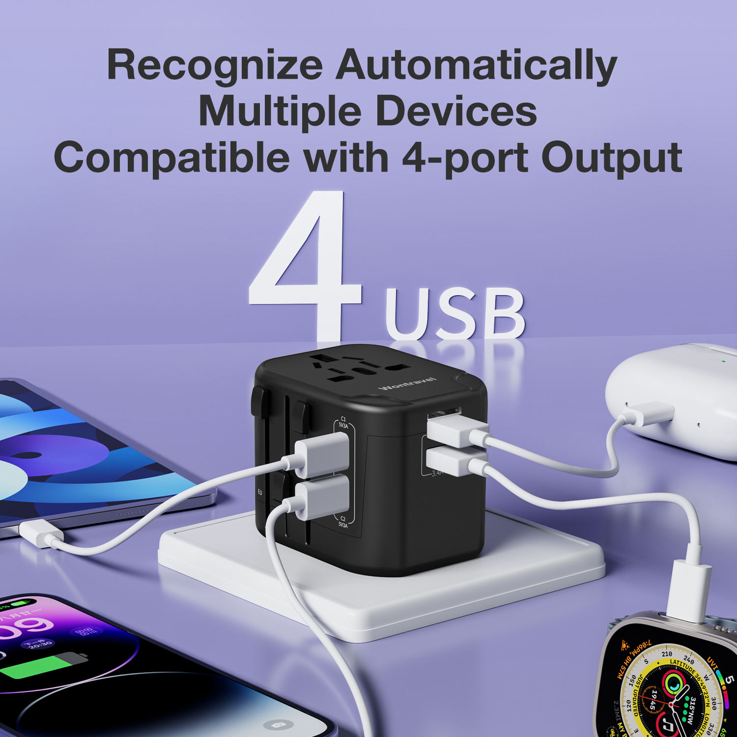 International Travel Power Adapter 5 Ports Travel Adapter 4usb with 1 Ac