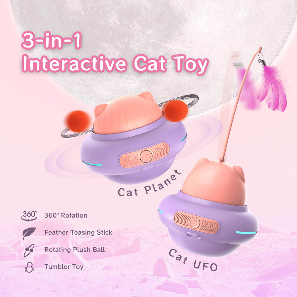 Feather Teaser Stick Bell & Plush Ball Tumbler Smart Automatic Interactive Indoor Cat Kitten Toy