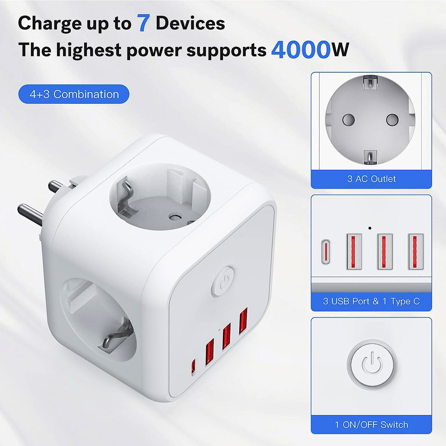 7 in 1 AC Power Socket Cube with USB 3 Way Sockets 1 Type C and 3 USB without Cable-Adapter