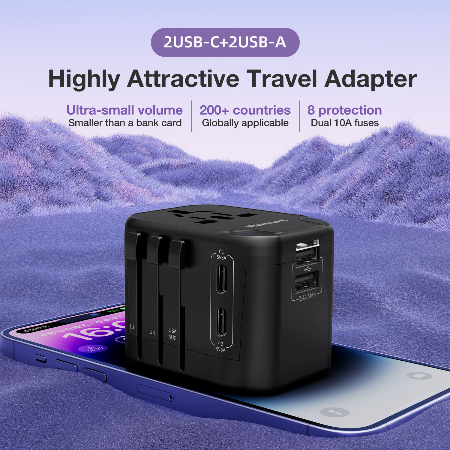 International Travel Power Adapter 5 Ports Travel Adapter 4usb with 1 Ac