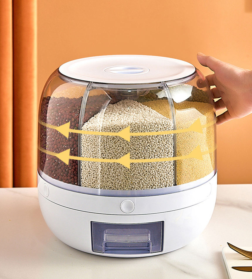 Rice Dispenser Kitchen Moisture-proof 6-grid, Rotating Food Grain Dispenser Cereal Storage Box Rice Container Dispenser