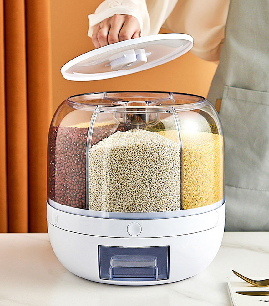 Rice Dispenser Kitchen Moisture-proof 6-grid, Rotating Food Grain Dispenser Cereal Storage Box Rice Container Dispenser