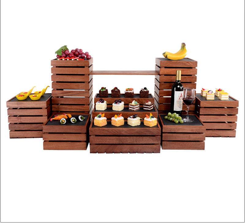 Wooden combined food stand and risers ,modern dessert buffet display racks for sale