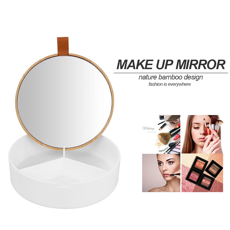 Small Size Make Up Mirror with Storage Function Plastic and Bamboo Cosmetic Mirror