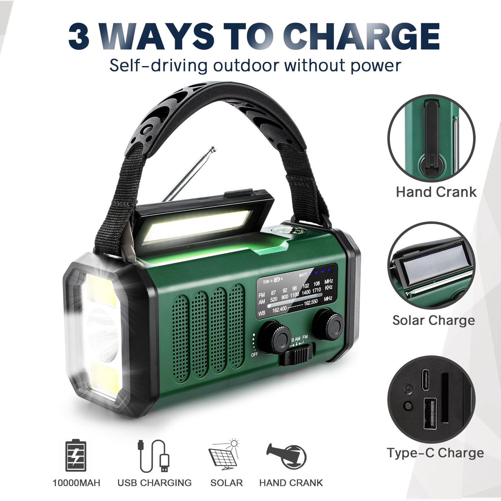 Emergency 10000mAh Battery Hand Crank Solar AM FM NOAA Radio with Flash Light Lamp