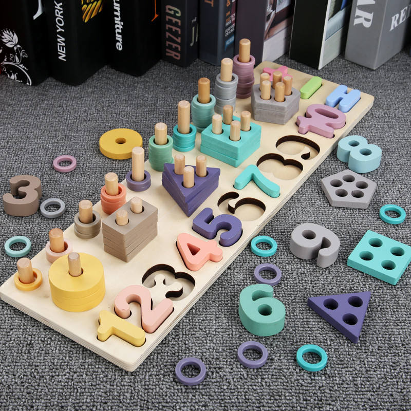 Kids Creative Wooden Five in one Logarithmic Board Children Geometry Shape Sorting Games Early Education Learning Toys