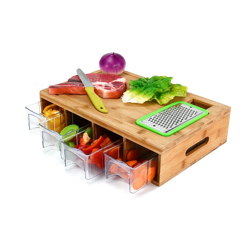 Bamboo Cutting Board With Containers Wooden Prepdeck with Veggie Shredder Kitchen Chopping Boards