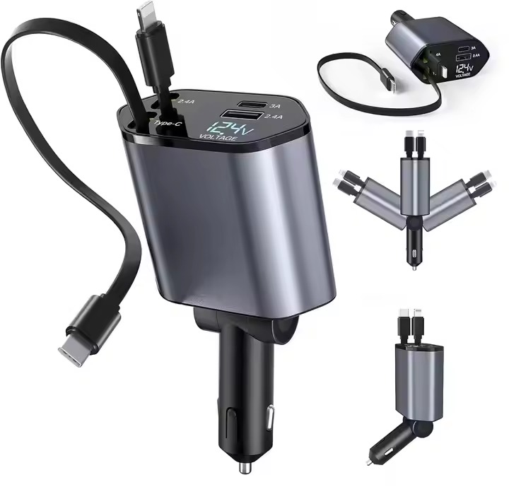 Retractable Car Charger 4 in 1 Fast Charging Car Charger Retractable Cable and 2 USB Ports