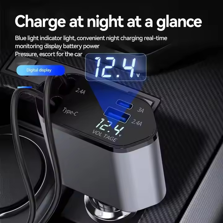 Retractable Car Charger 4 in 1 Fast Charging Car Charger Retractable Cable and 2 USB Ports