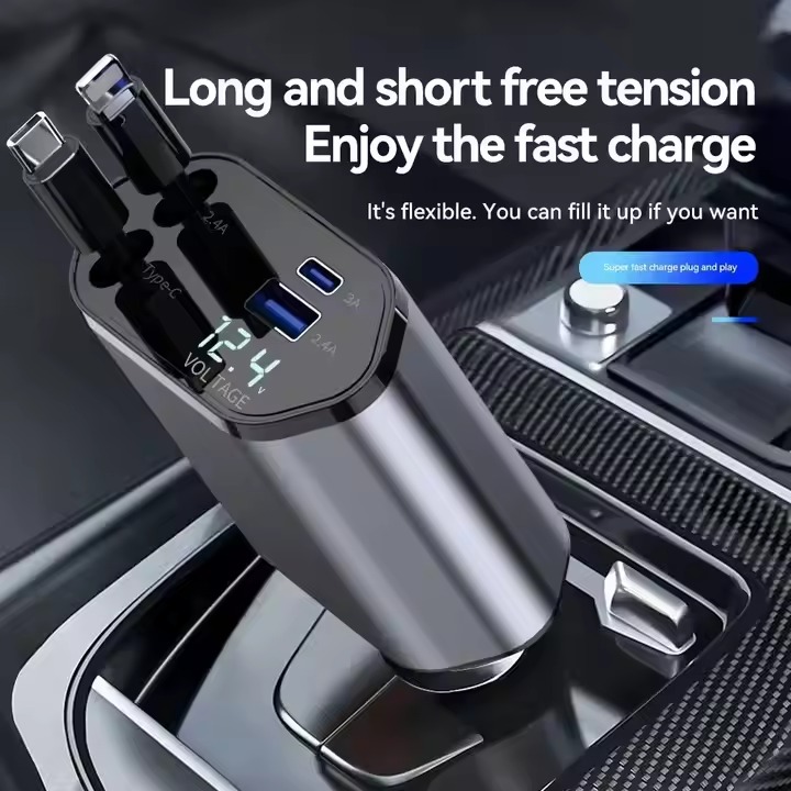 Retractable Car Charger 4 in 1 Fast Charging Car Charger Retractable Cable and 2 USB Ports