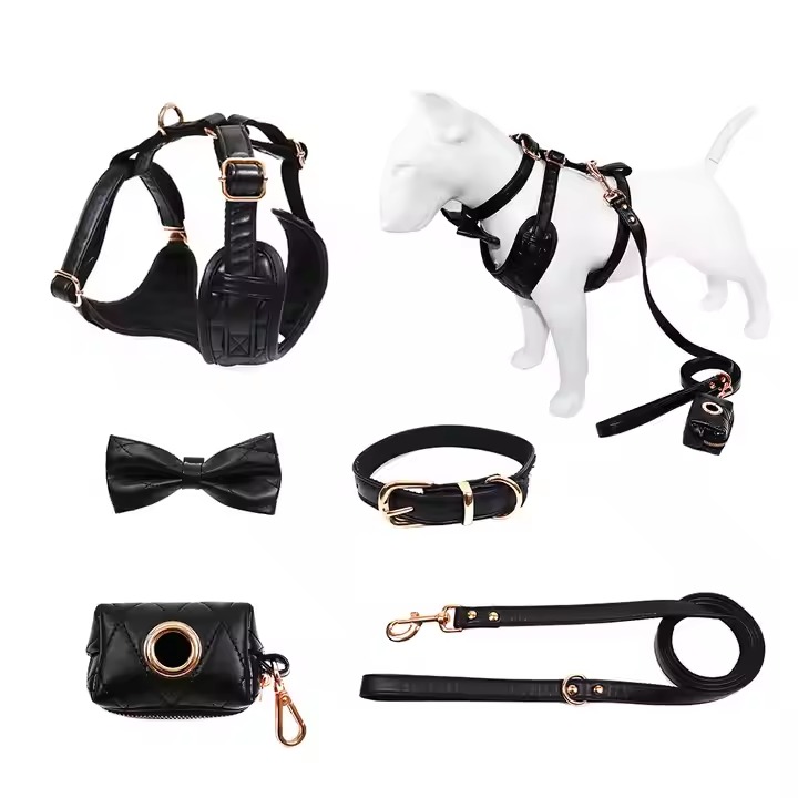 Black PU Leather Fabrics Pet Harnesses Dog Harness Set