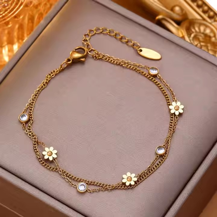 Crystal Zircon Flower Charm Chain Stainless Steel Bracelets for Women