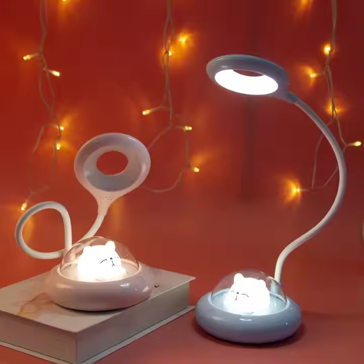 Desk Lamp Rechargeable with USB Port Kitty Night Light Touch Control White Shade