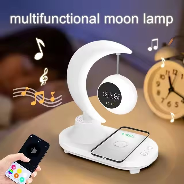 smart home gadget moon night lamp with wireless charger blue tooth speaker alarm clock