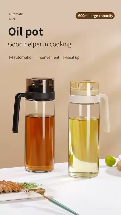 600Ml Auto Flip Clear Glass Sauce and Vinegar Bottle Olive Oil Dispenser for Kitchen Oil Cooking