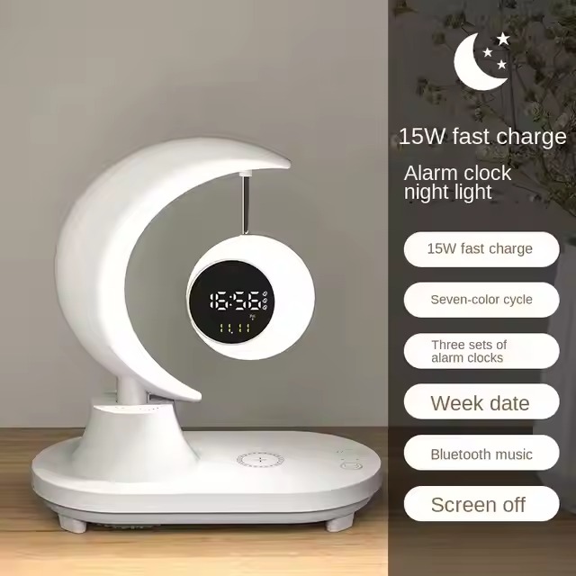 smart home gadget moon night lamp with wireless charger blue tooth speaker alarm clock