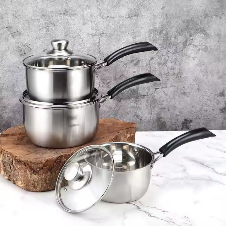 Stainless Steel Cookware Set Polished Deep Cooking Pots With Different Sizes Kitchen Milk Pots