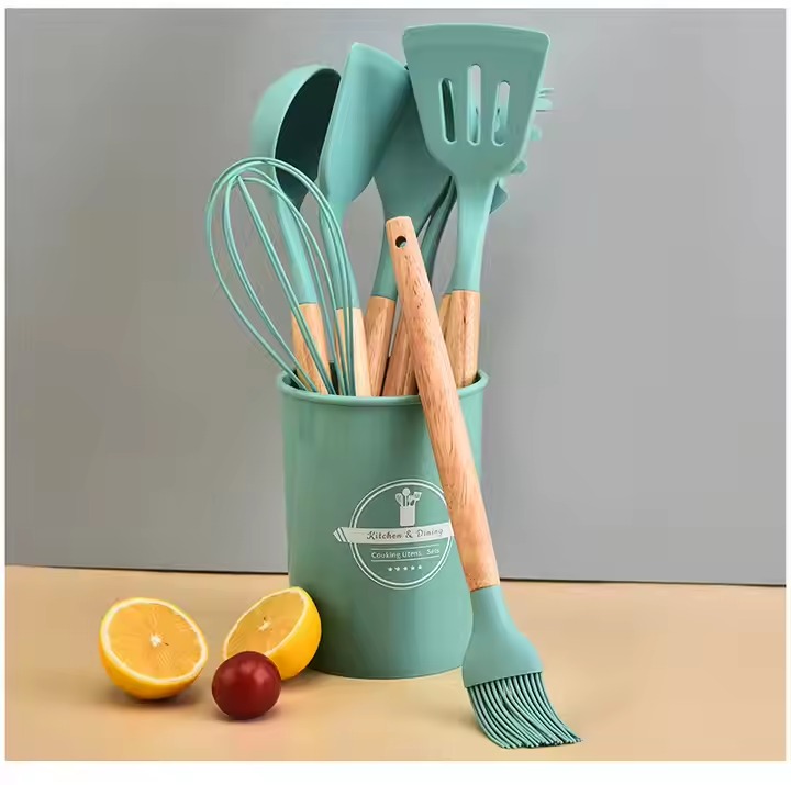 Silicone Kitchenware Set With Wooden Handle Premium Wooden Handle 12 Pcs Silicone Kitchen Utensils