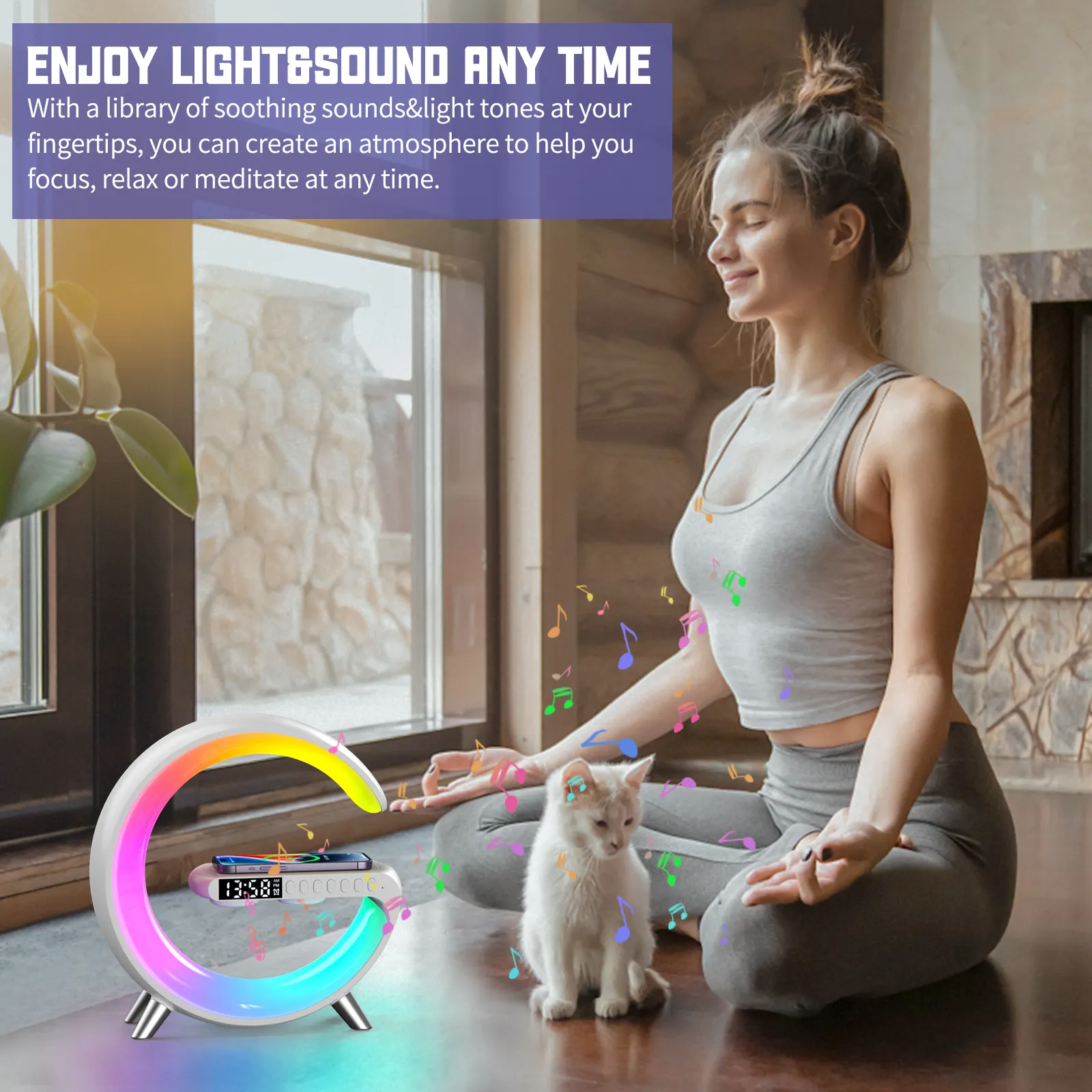 5-in-1 Home Theatre Device APP-Controlled Smart Light 15W Fast Wireless Charger Clock Time with Wireless speakers