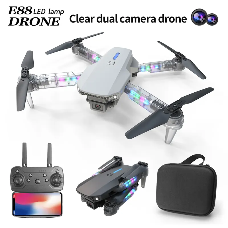 Hot E88 Drone 4K HD Camera LED Light Long Range for 10 Minutes 360 Roll Four Axis Aircraft Beginner Practice Drone RC Toy